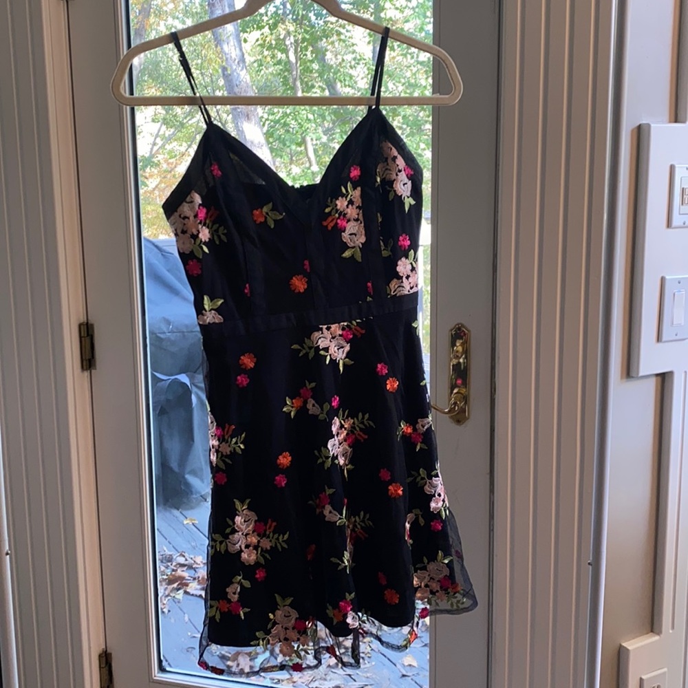Darling black dress with pink embroidered flowers